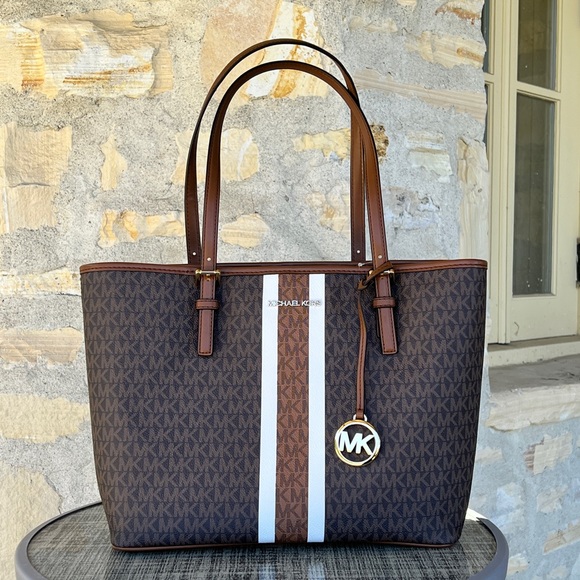 Michael Kors Jet Set Travel Medium Carry All tote&wallet brown Signature stripe - Picture 6 of 9